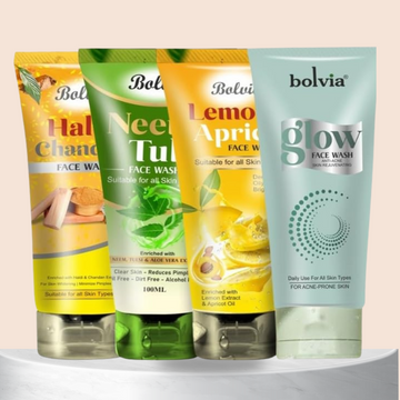 Bolvia Face Wash Quad Pack, Neem Tulsi, Lemon Apricot, Haldi Chandan, Glow Anti Acne 100ml Each, Pack of 4