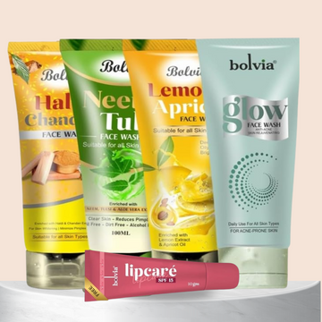 Bolvia Face Wash Quad Pack, Neem Tulsi, Lemon Apricot, Haldi Chandan, Glow Anti Acne 100ml Each, Pack of 4 (Free Lip Care With SPF)