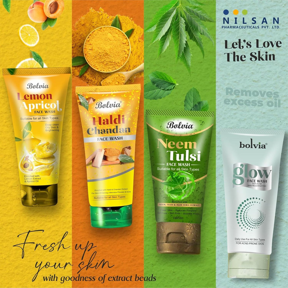 Bolvia Face Wash Quad Pack, Neem Tulsi, Lemon Apricot, Haldi Chandan, Glow Anti Acne 100ml Each, Pack of 4