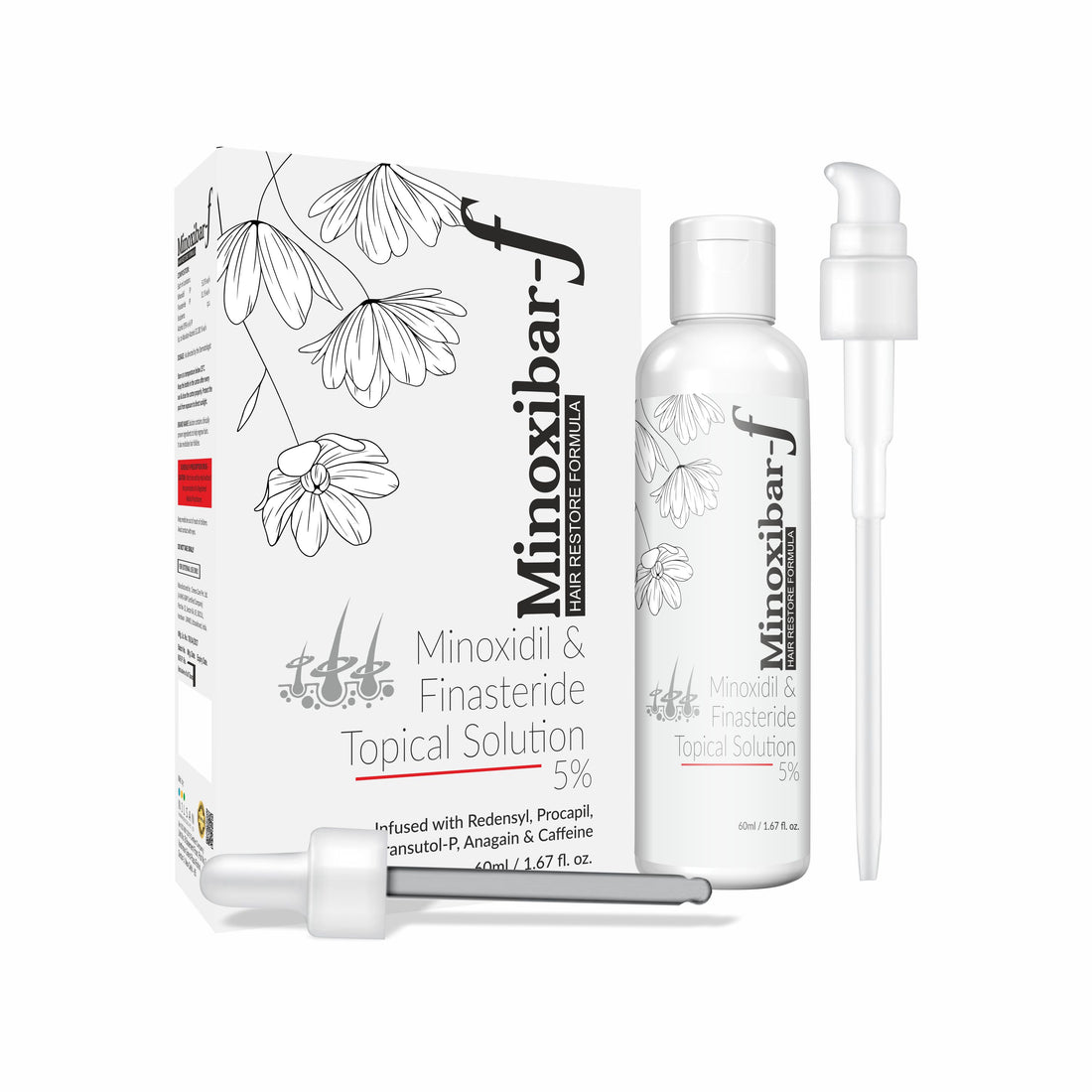 Minoxibar-F Hair Restore Topical Solution 5% | Minoxidil & Finasteride Formula with Redensyl, Procapil & Caffeine | Advanced Hair Regrowth Treatment – 60ml